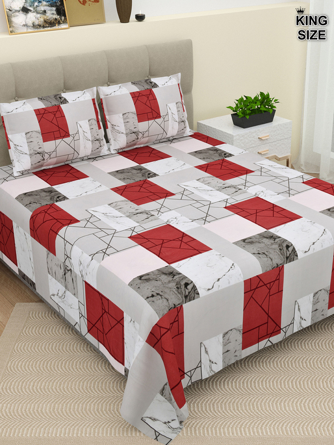 

DREAM WEAVERZ White & Grey Geometric Cotton 220 TC King Bedsheet With 2 Pillow Covers