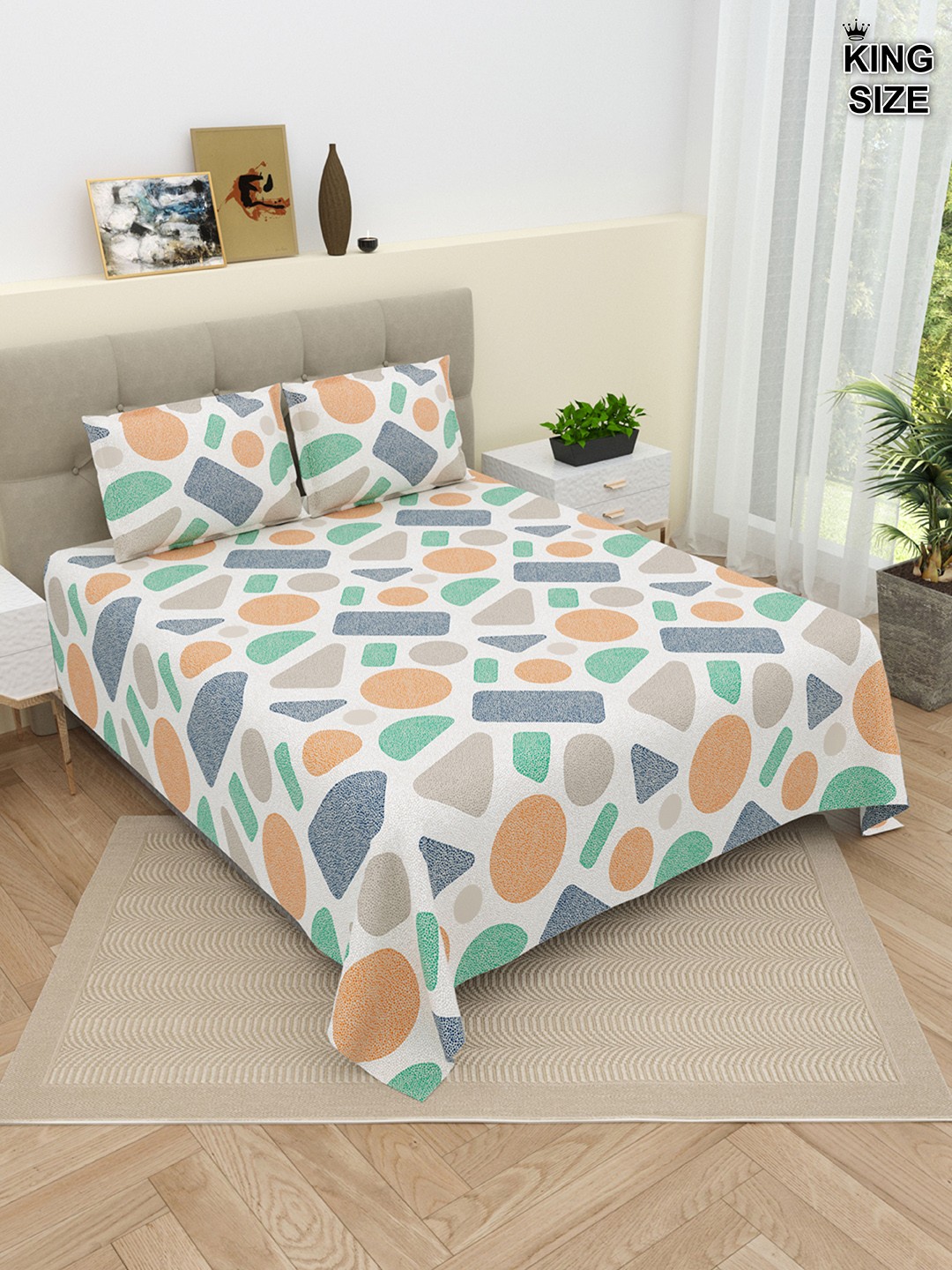 

DREAM WEAVERZ White & Green Geometric 220 TC King Bedsheet with 2 Pillow Covers