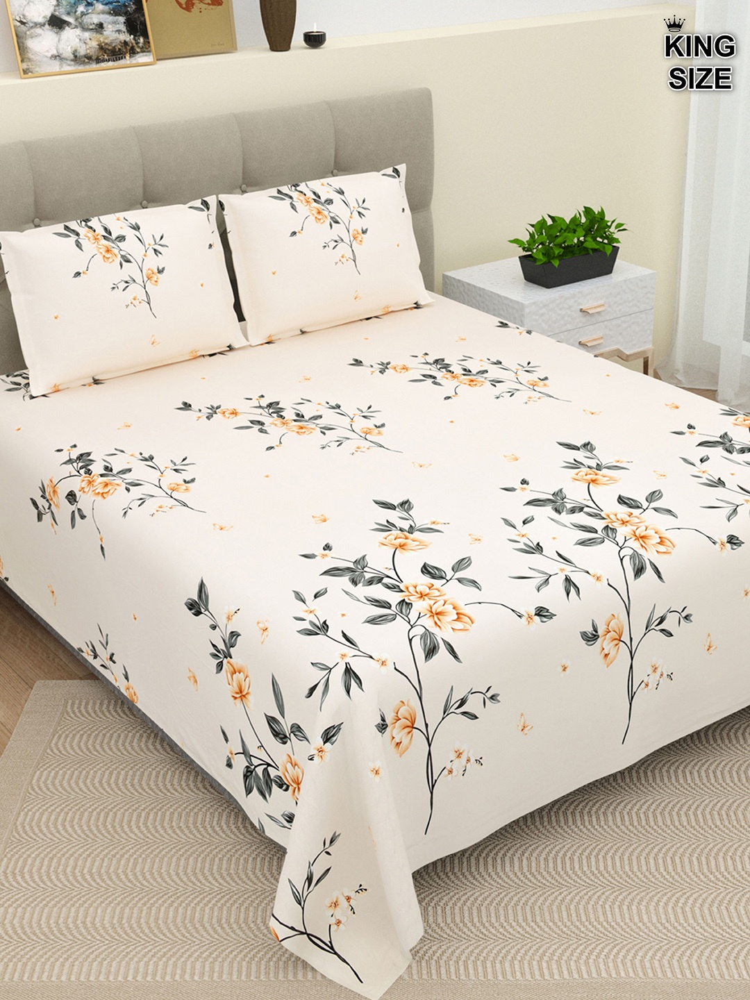 

DREAM WEAVERZ Coral & Grey Floral Cotton 220 TC King Bedsheet With 2 Pillow Covers