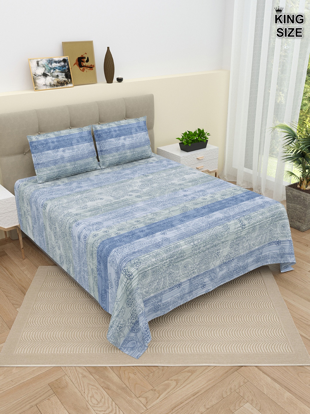 

DREAM WEAVERZ Blue & Grey Ethnic Motifs 220 TC King Bedsheet with 2 Pillow Covers