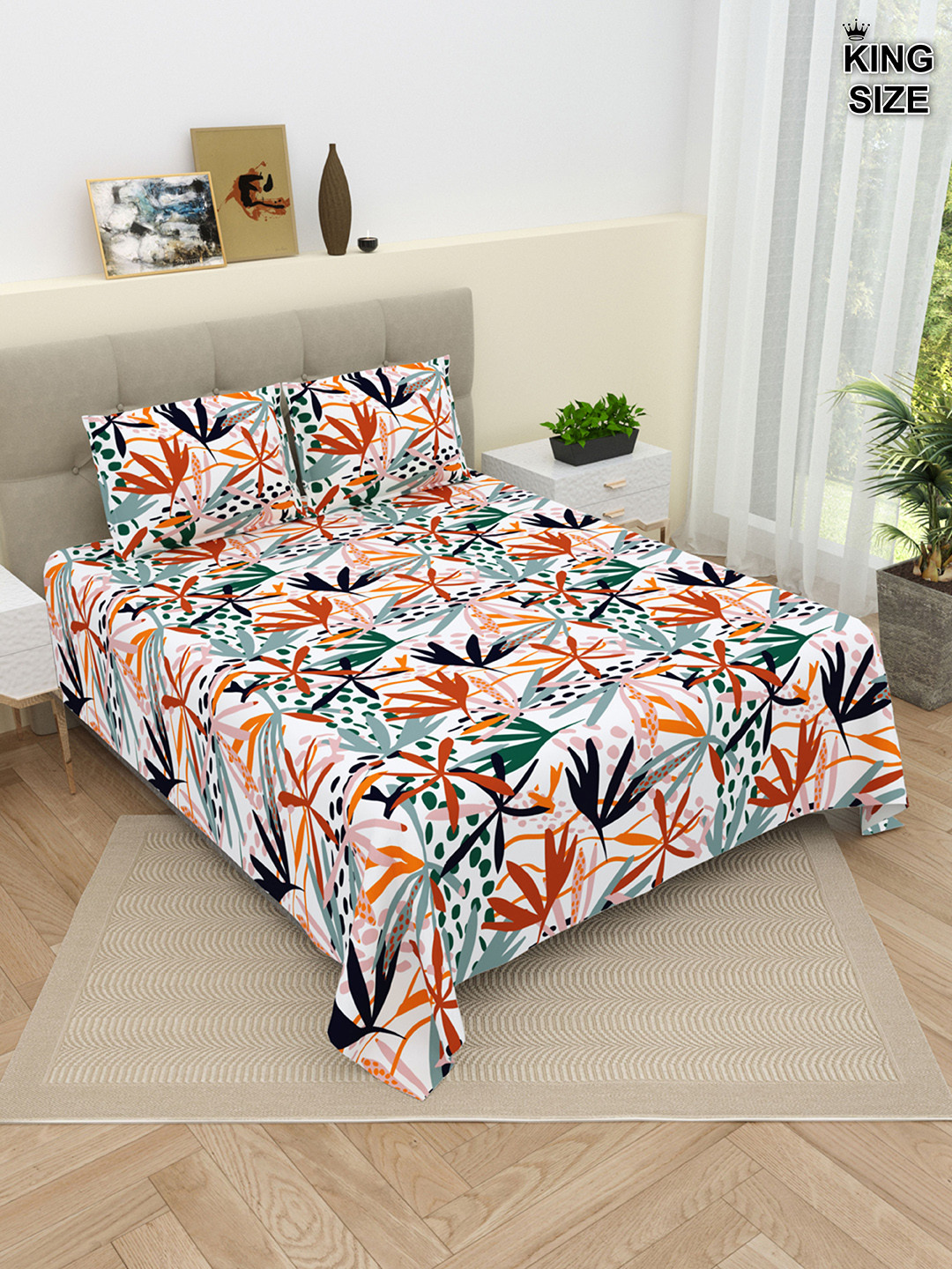 

DREAM WEAVERZ Orange & White Floral Pure Cotton 220 TC King Bedsheet With 2 Pillow Covers
