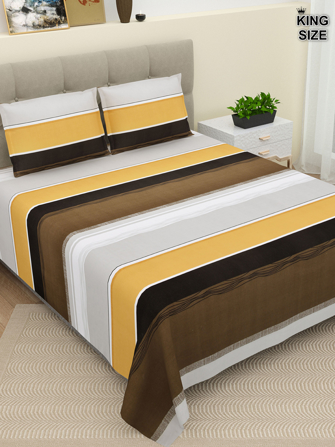 

DREAM WEAVERZ Black & Yellow Striped Cotton 220 TC Super King Bedsheet & 2 Pillow Covers