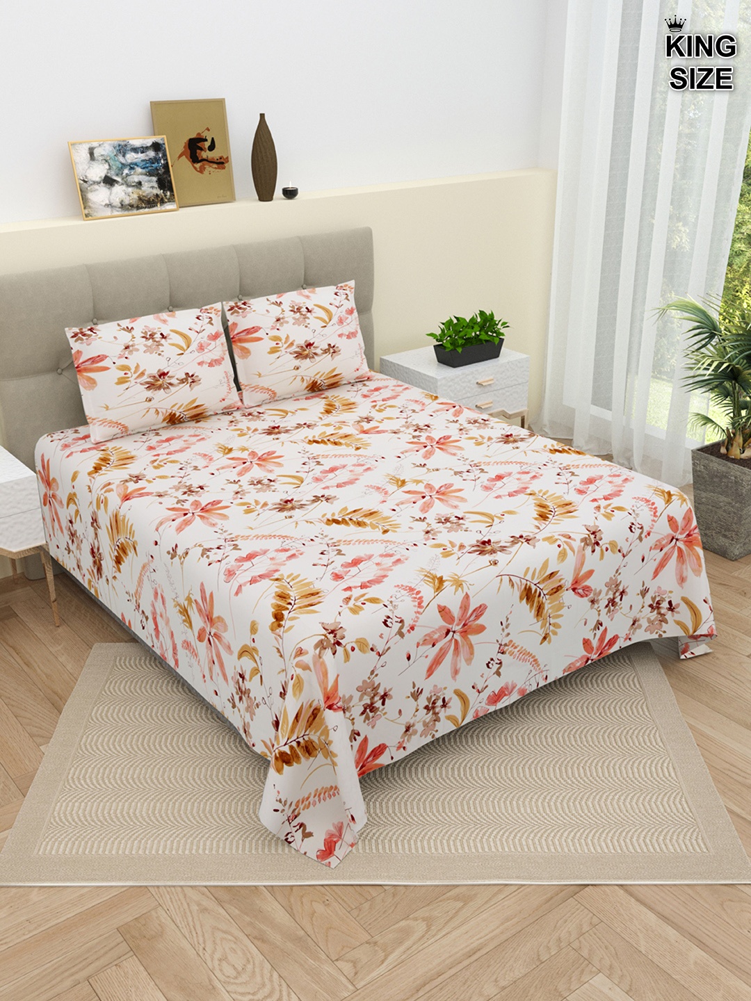 

DREAM WEAVERZ White & Brown Floral 220 TC King Bedsheet with 2 Pillow Covers