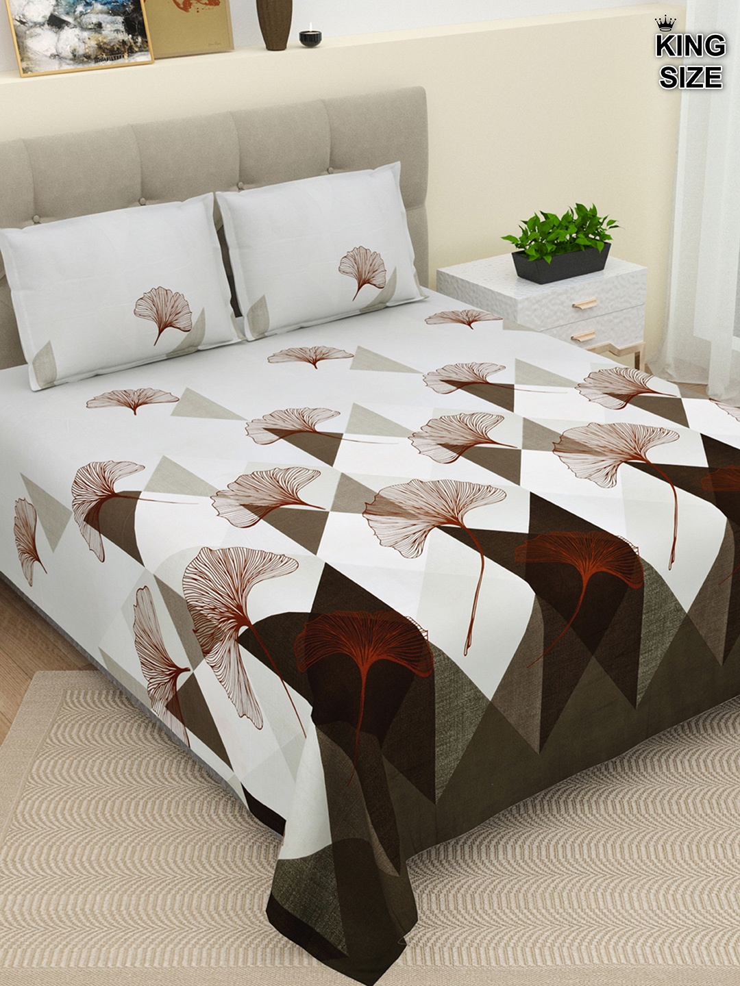 

DREAM WEAVERZ Brown & White 220TC Cotton Super King Bedsheet with 2 Pillow Covers, Grey
