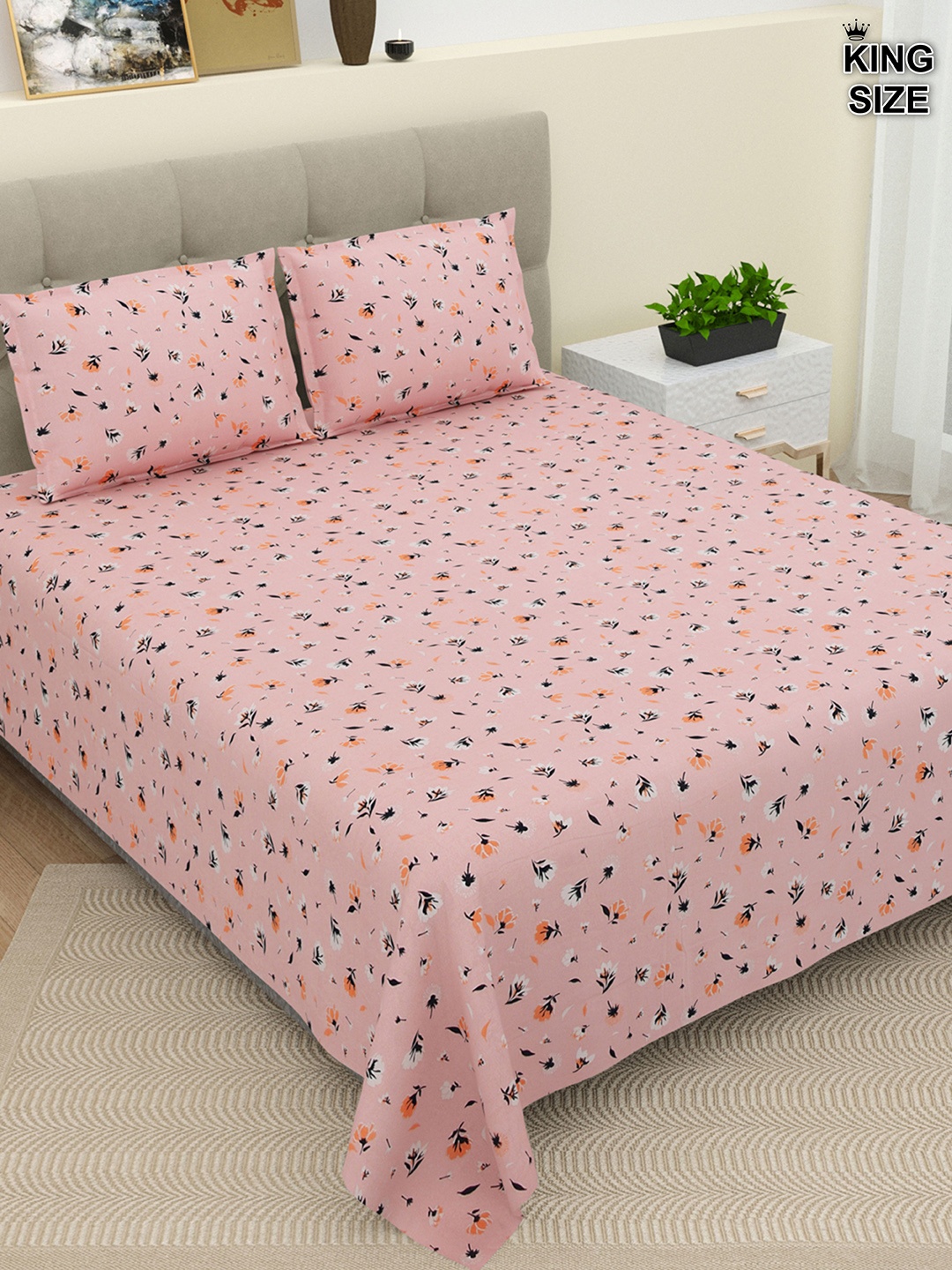 

DREAM WEAVERZ Pink & White Floral Cotton 220 TC Super King Bedsheet & 2 Pillow Covers