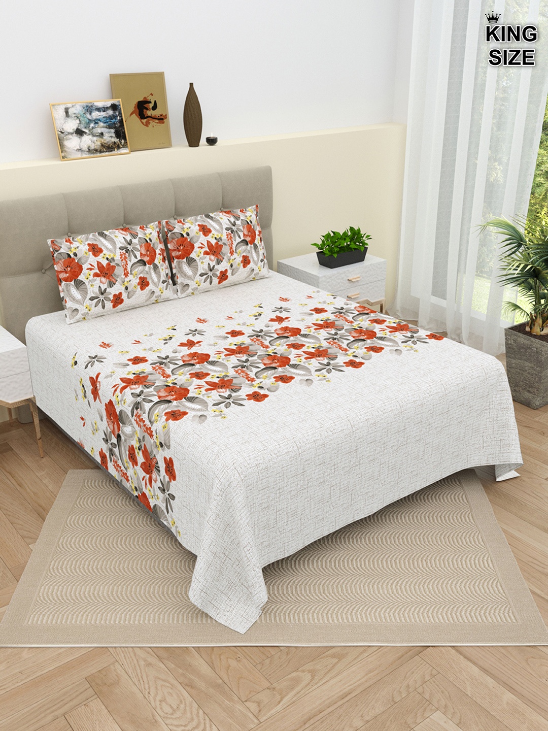 

DREAM WEAVERZ White & Orange Floral Pure Cotton 220 TC King Bedsheet With 2 Pillow Covers