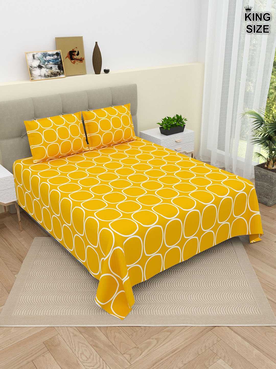 

DREAM WEAVERZ Yellow & White Geometric Pure Cotton 220 TC King Bedsheet 2 Pillow Covers