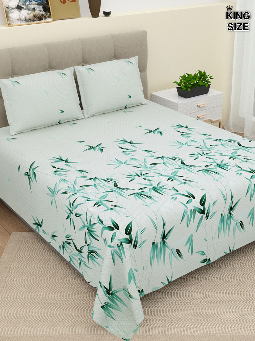 

DREAM WEAVERZ Green & White Floral Cotton 220 TC Super King Bedsheet With 2 Pillow Covers
