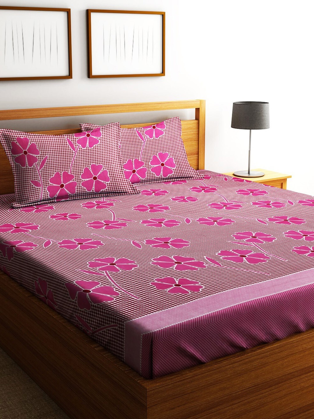 

Fashion String Pink & White Floral Microfiber 144 TC Queen Bedsheet with 2 Pillow Covers