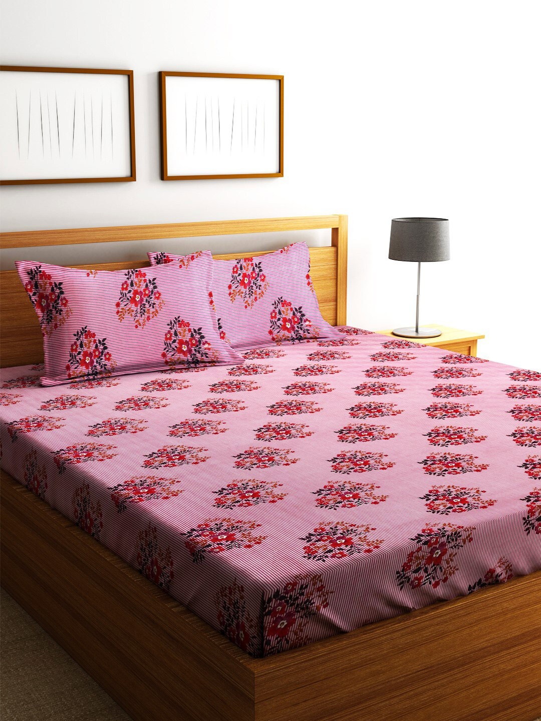 

Fashion String Pink & Blue Floral Microfiber 144 TC Queen Bedsheet with 2 Pillow Covers