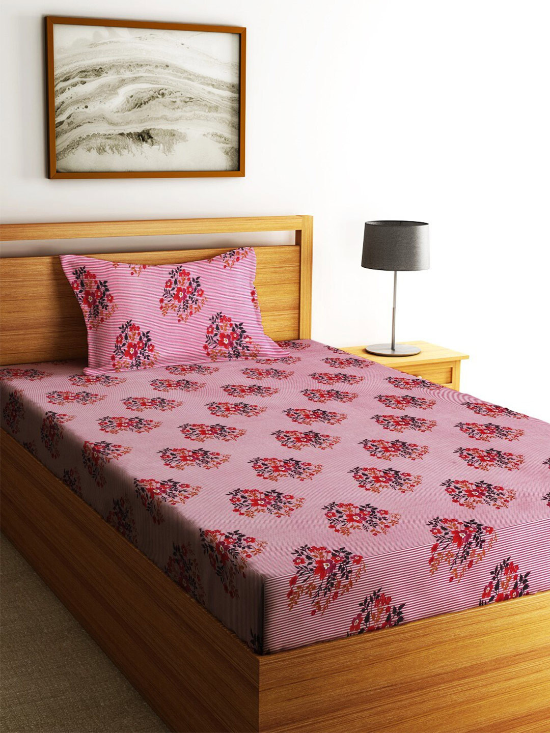

Fashion String Pink & Red Printed 144 TC Single Bedsheet with 1 Pillow Cover