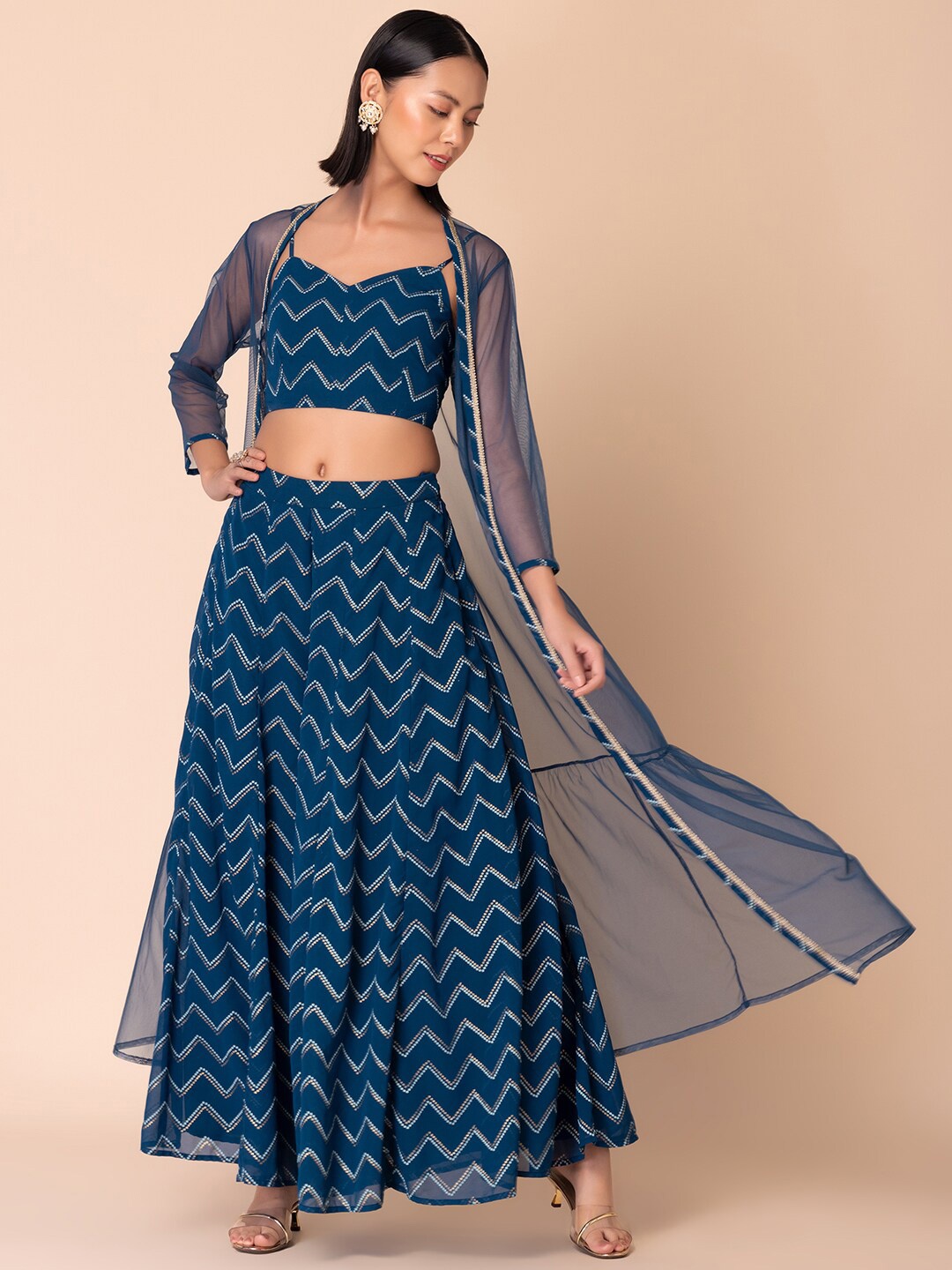 

INDYA Printed Top With Palazzos & Shrug, Blue