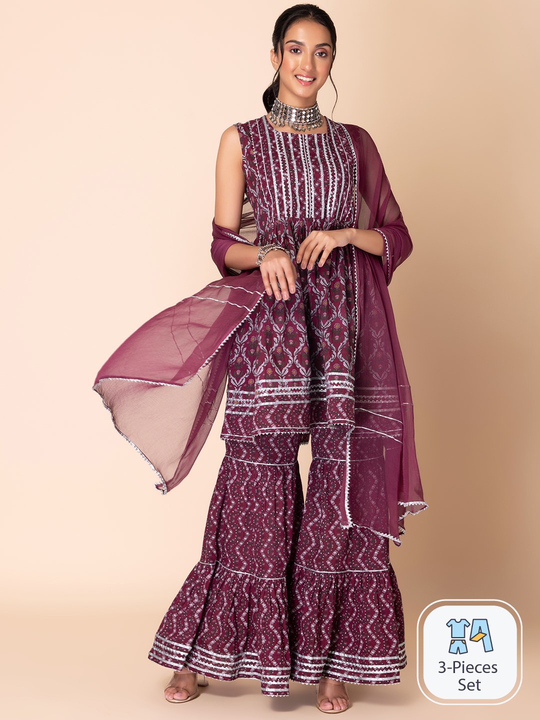 

INDYA Floral Printed A-Line Pure Cotton Kurta with Sharara & Dupatta, Purple
