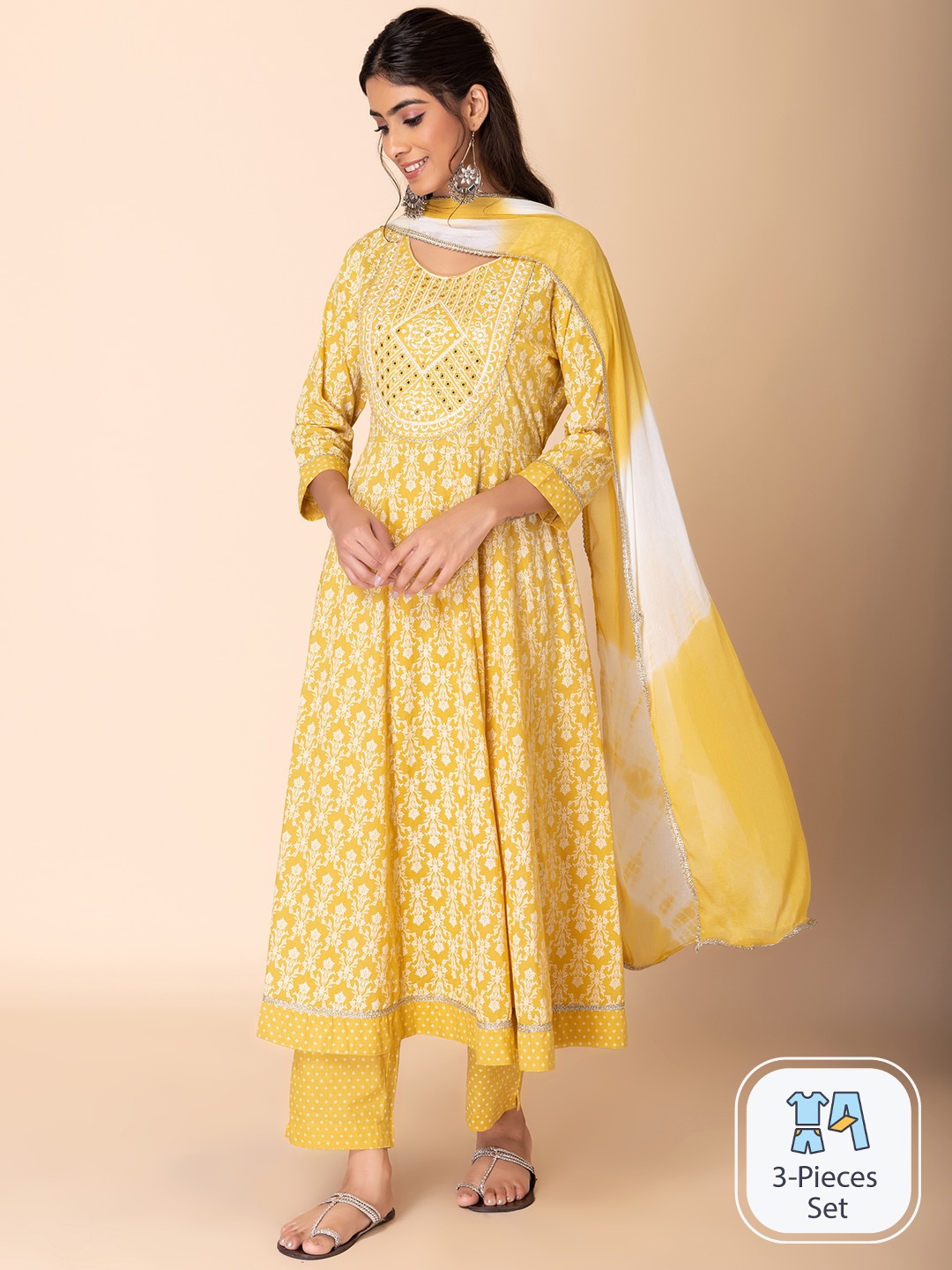 

INDYA Ethnic Motifs Printed Pure Cotton Anarkali Kurta With Trouser & Dupatta, Yellow