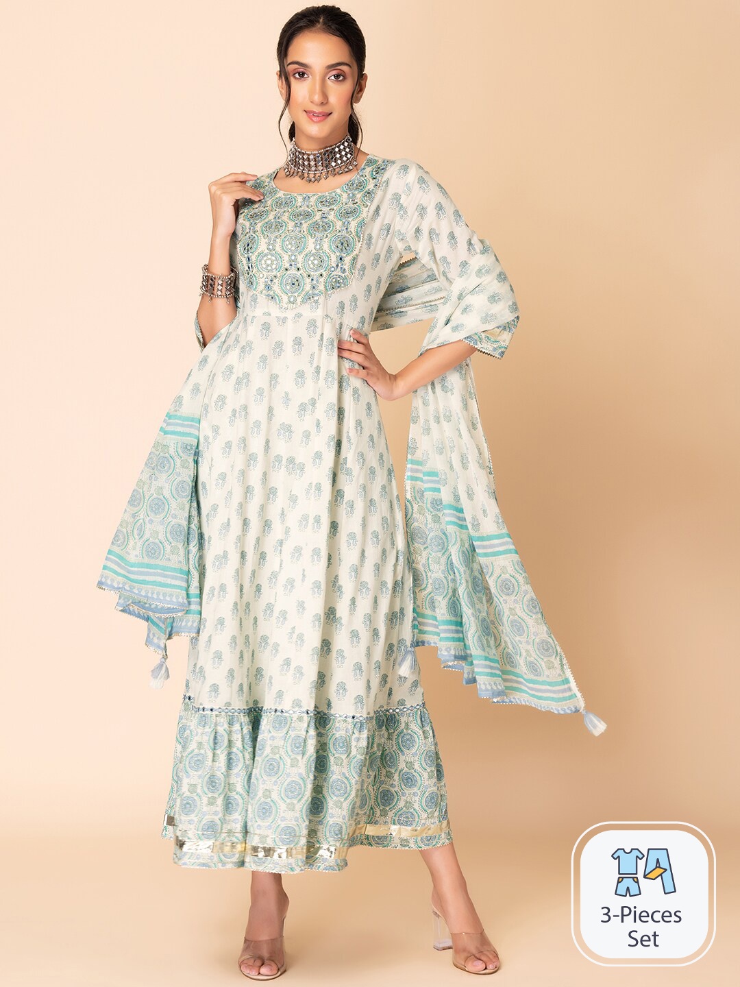 

INDYA Floral Printed Mirror Work Pure Cotton Anarkali Kurta With Palazzo & Dupatta, Cream