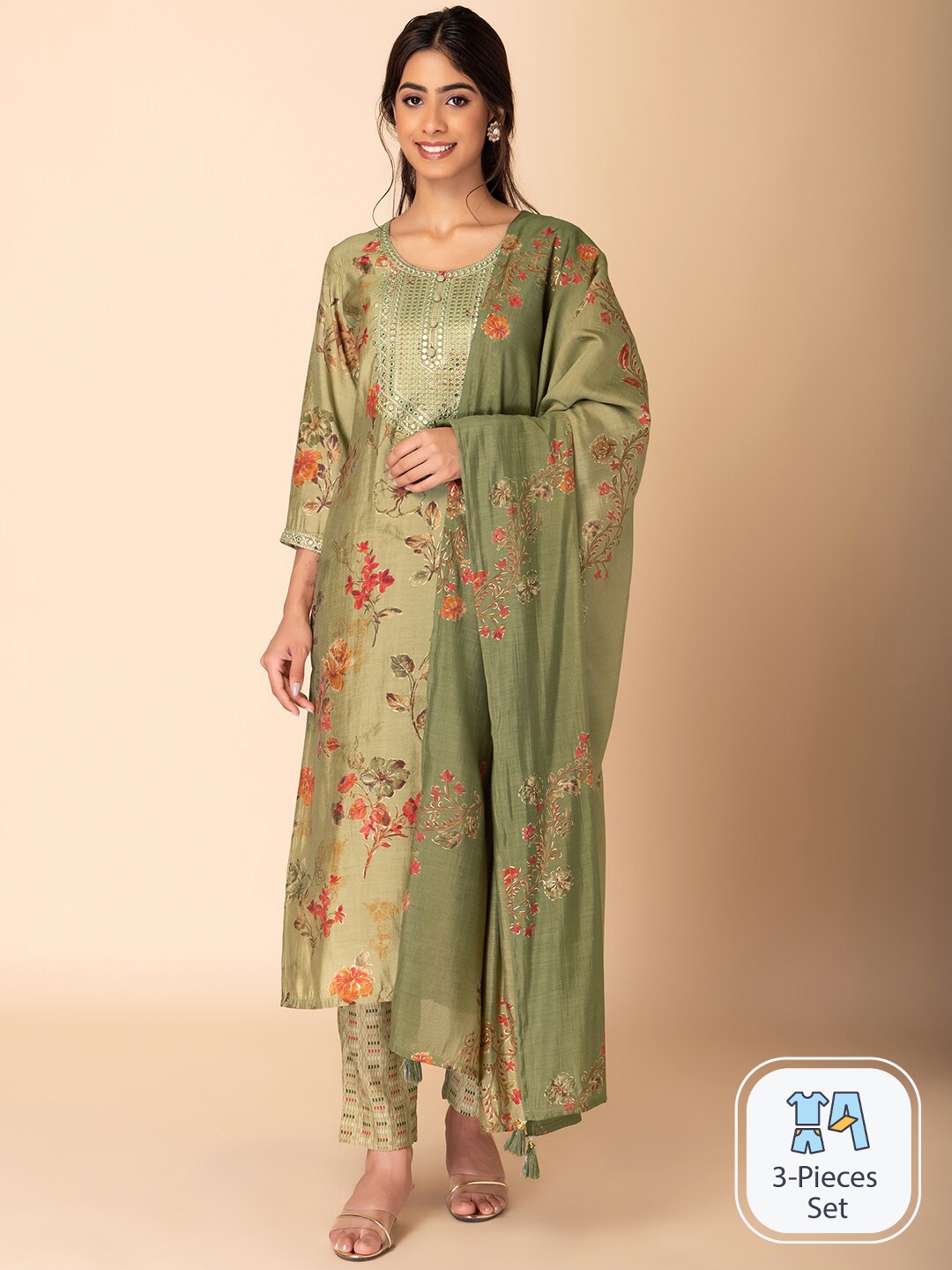 

INDYA Floral Printed Straight Kurta With Trouser & Dupatta, Green