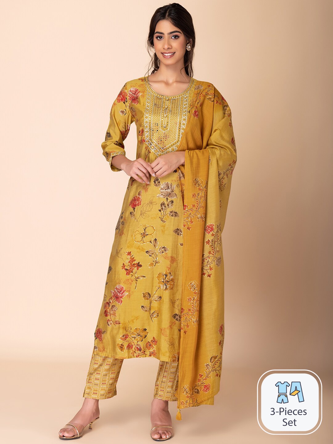 

INDYA Floral Printed Straight Kurta With Trouser & Dupatta, Yellow