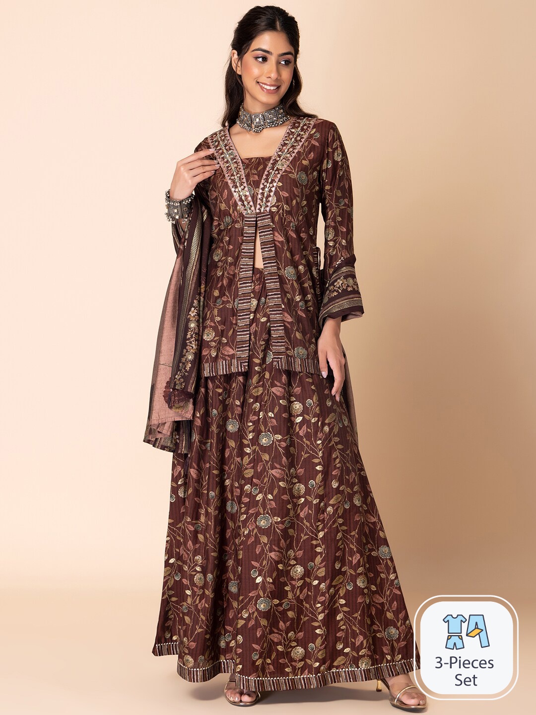 

INDYA Floral Printed Mirror Work Kurti With Sharara & Dupatta, Brown