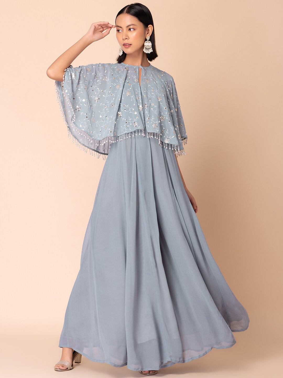 

INDYA Flared Jumpsuit With Embroidered Cape, Blue