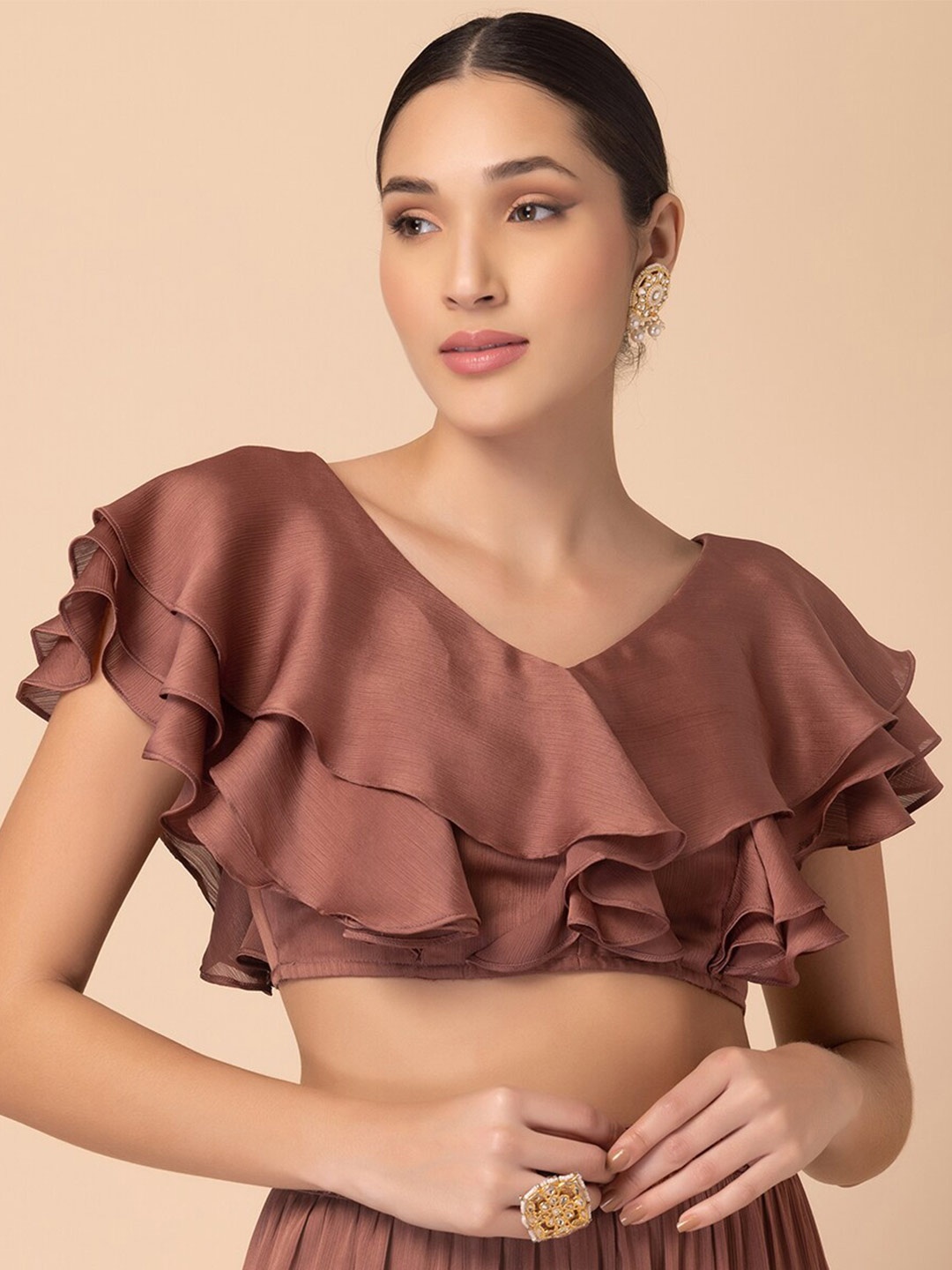

INDYA V-Neck Ruffled Top, Pink