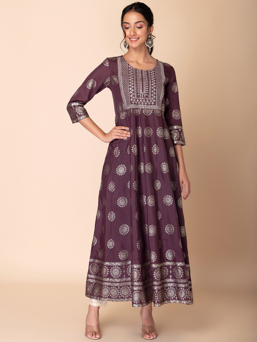 

INDYA Ethic Motifs Printed Embroidered A-Line Ethnic Dress, Purple