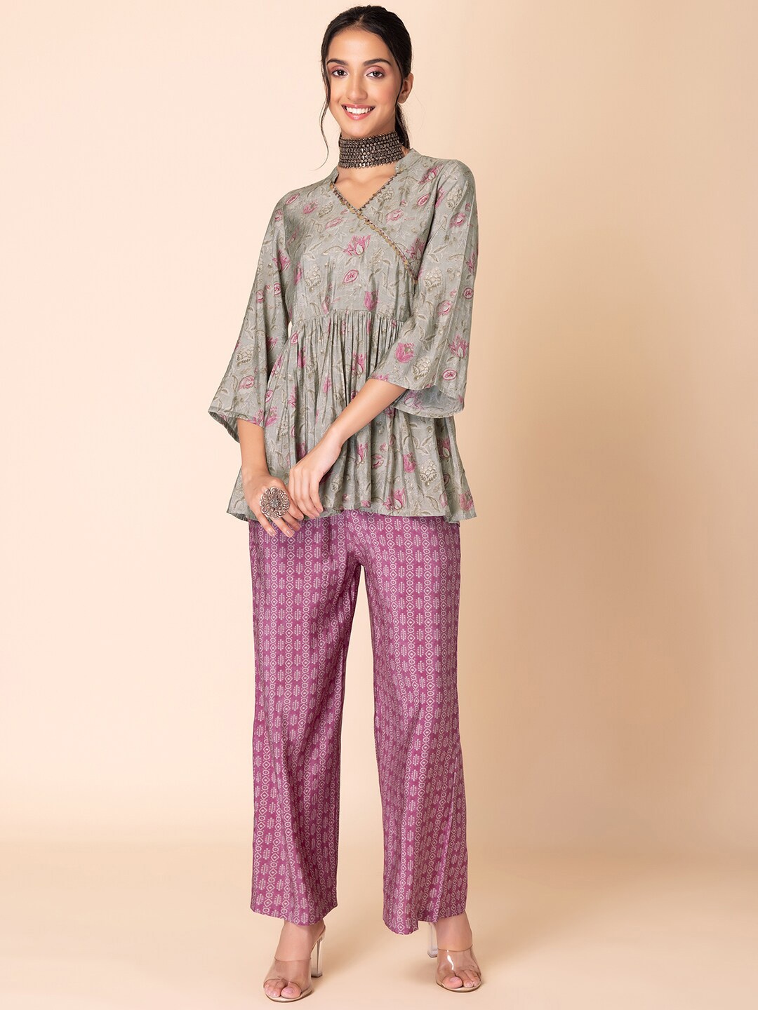 

INDYA Floral Printed V-Neck Flared Sleeves Sequinned Angrakha Kurti With Pant, Grey