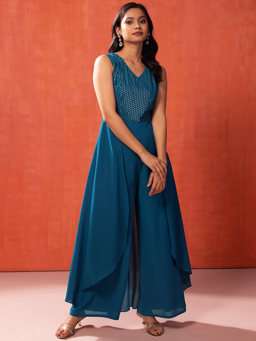 

INDYA Embroidered Sequinned Flared Jumpsuit, Blue