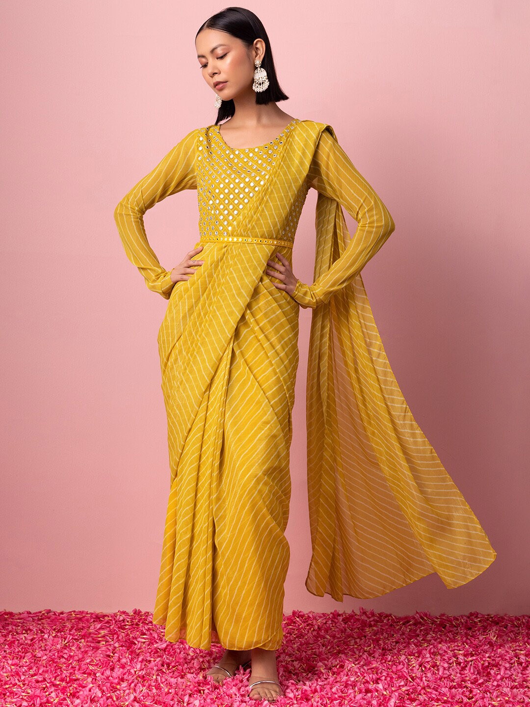 

INDYA Striped Ready to Wear Sarees, Yellow