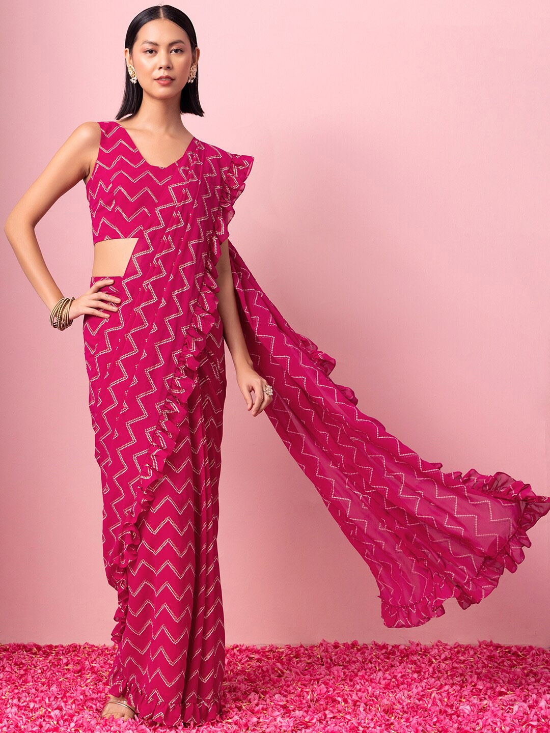 

INDYA Bandhani Printed Ready to Wear Sarees, Pink