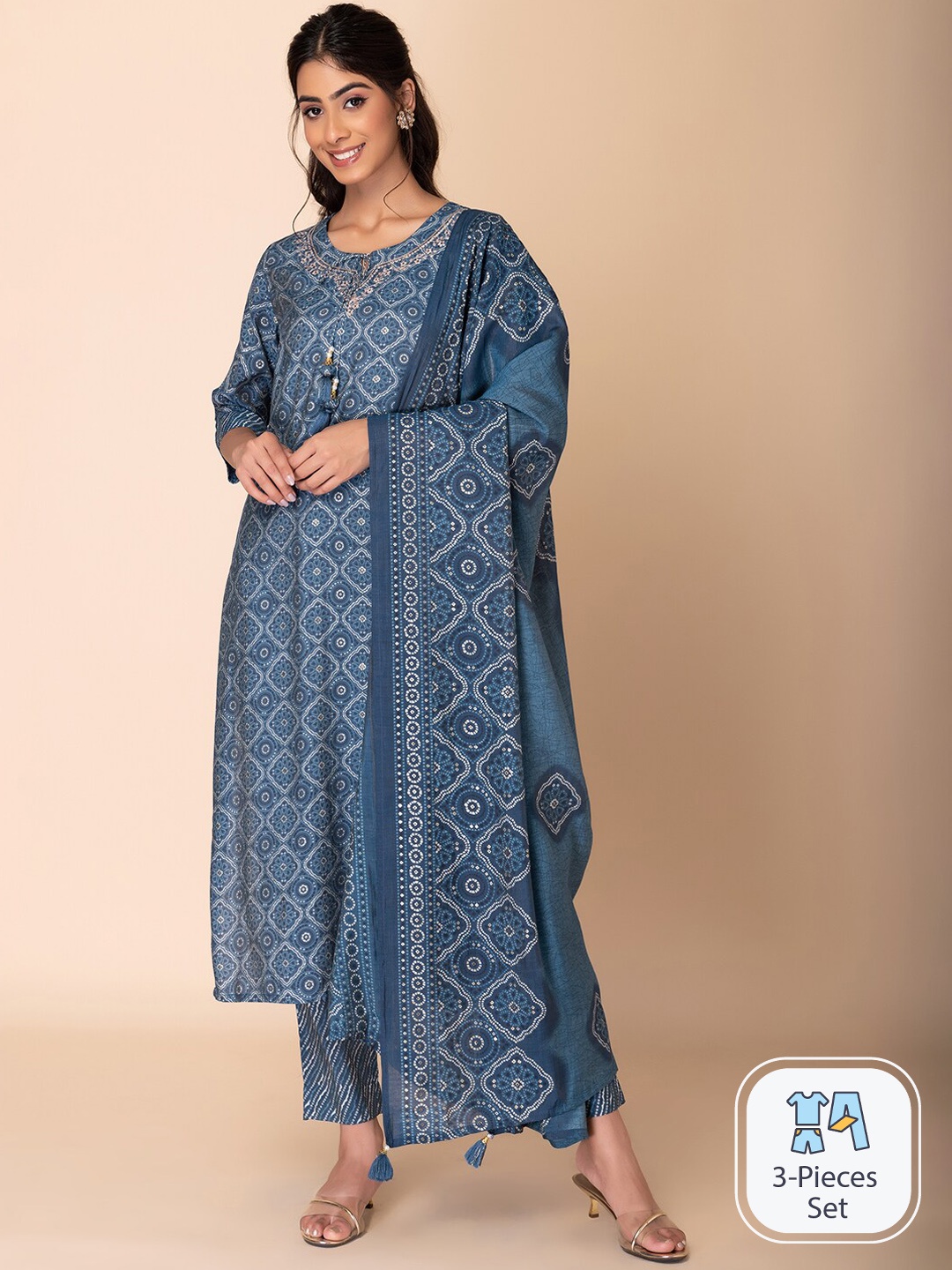 

INDYA Bandhani Printed Straight Kurta With Trouser & Dupatta, Blue