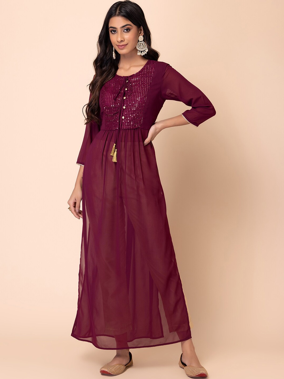 

INDYA Sequin Embroidered High Slit Kurta, Purple