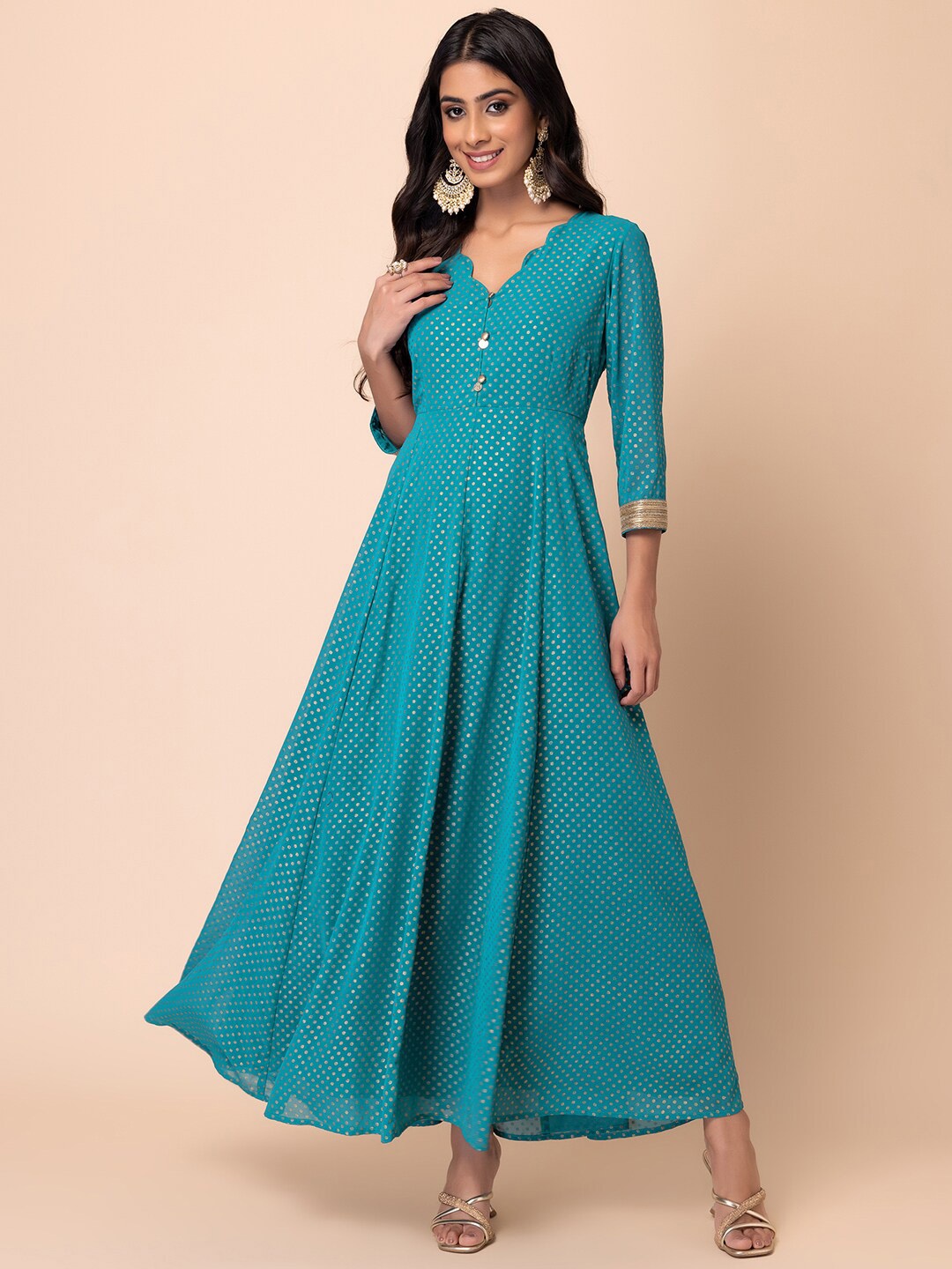 

INDYA Polka Dot Foil Printed Anarkali Kurta, Green