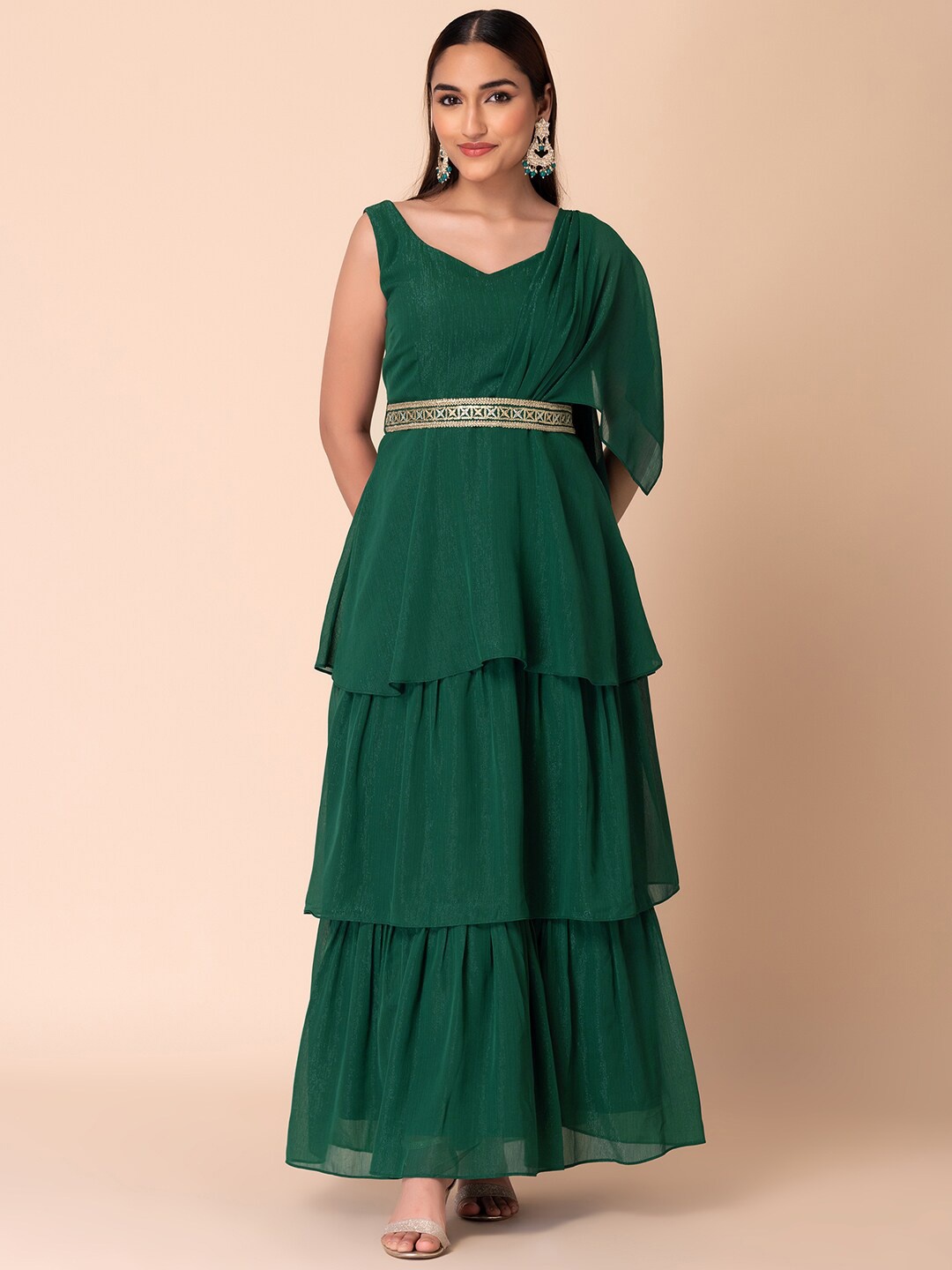 

INDYA Ruffled Anarkali Kurta with Attached Dupatta & Embroidered Belt, Green