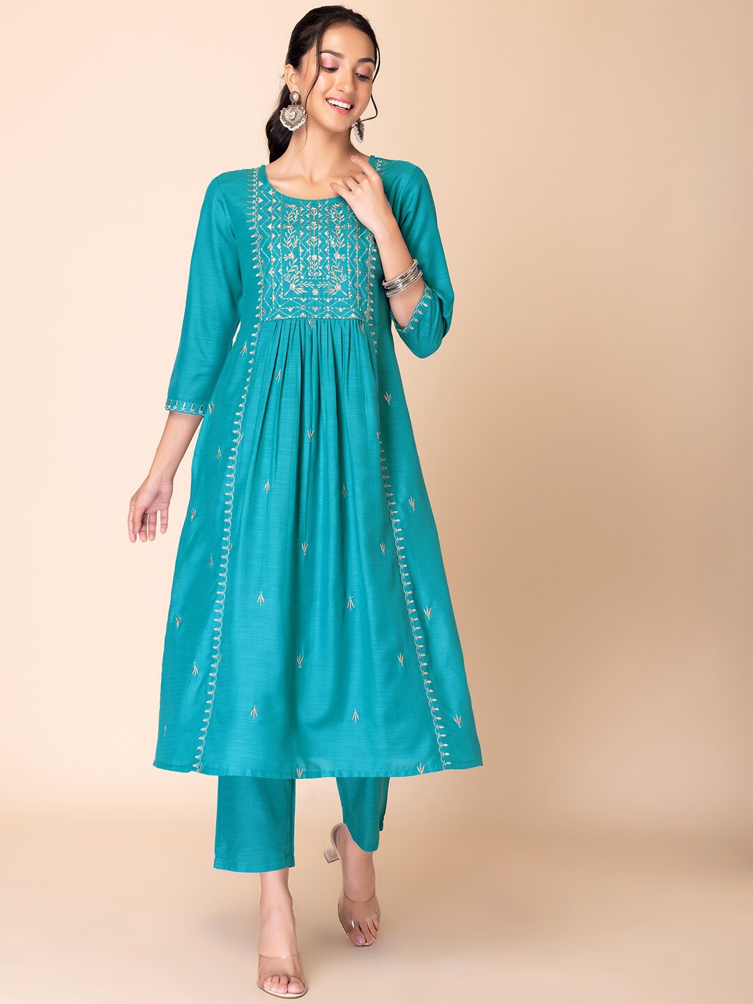 

INDYA Floral Embroidered Zari A-Line Kurta With Trouser, Green