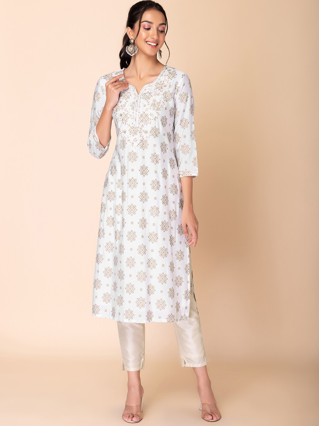 

INDYA Ethnic Motifs Printed Mirror Work Regular Kurta, White