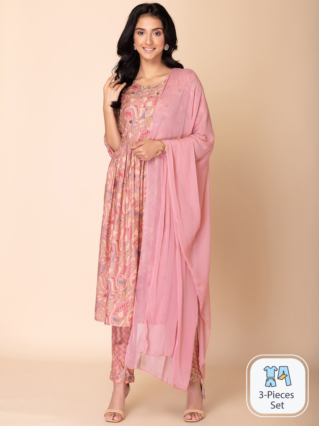 

INDYA Floral Printed A-Line Kurta With Trouser & Dupatta, Pink