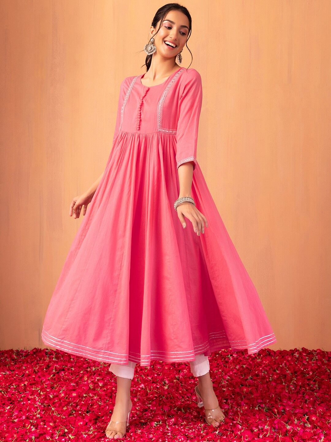 

INDYA Thread Work Pure Cotton A-Line Kurta, Pink