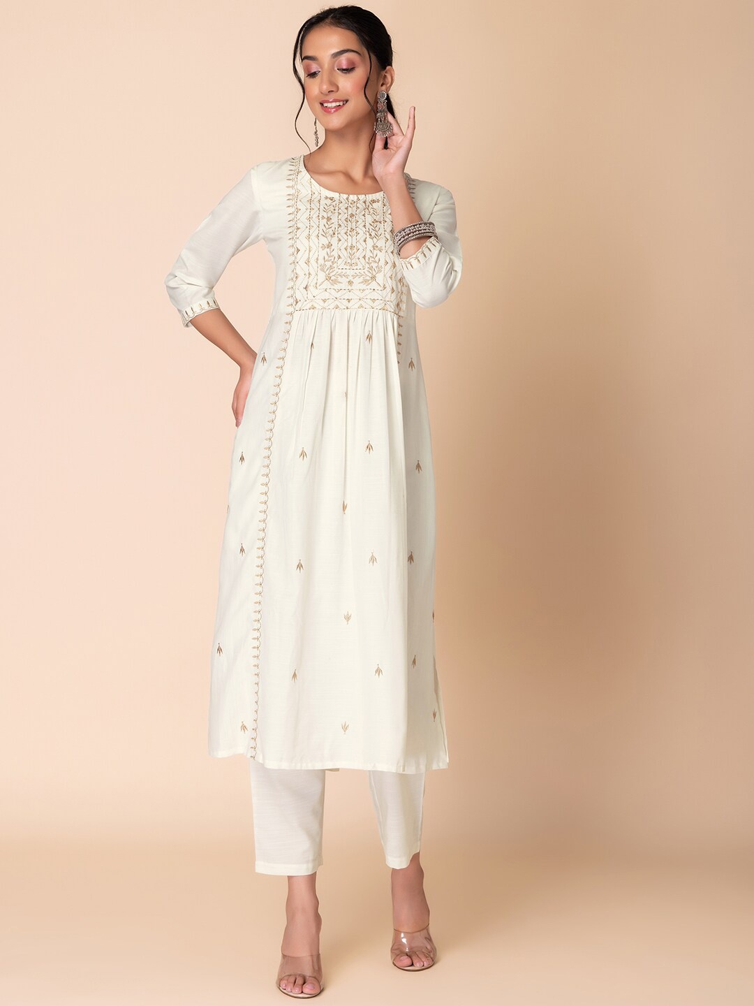 

INDYA Floral Embroidered Sequinned A-Line Kurta Set, White