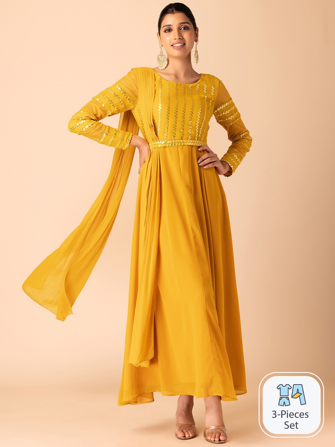 

INDYA Embroidered Sequinned Anarkali Kurta With Dupatta & Belt, Yellow