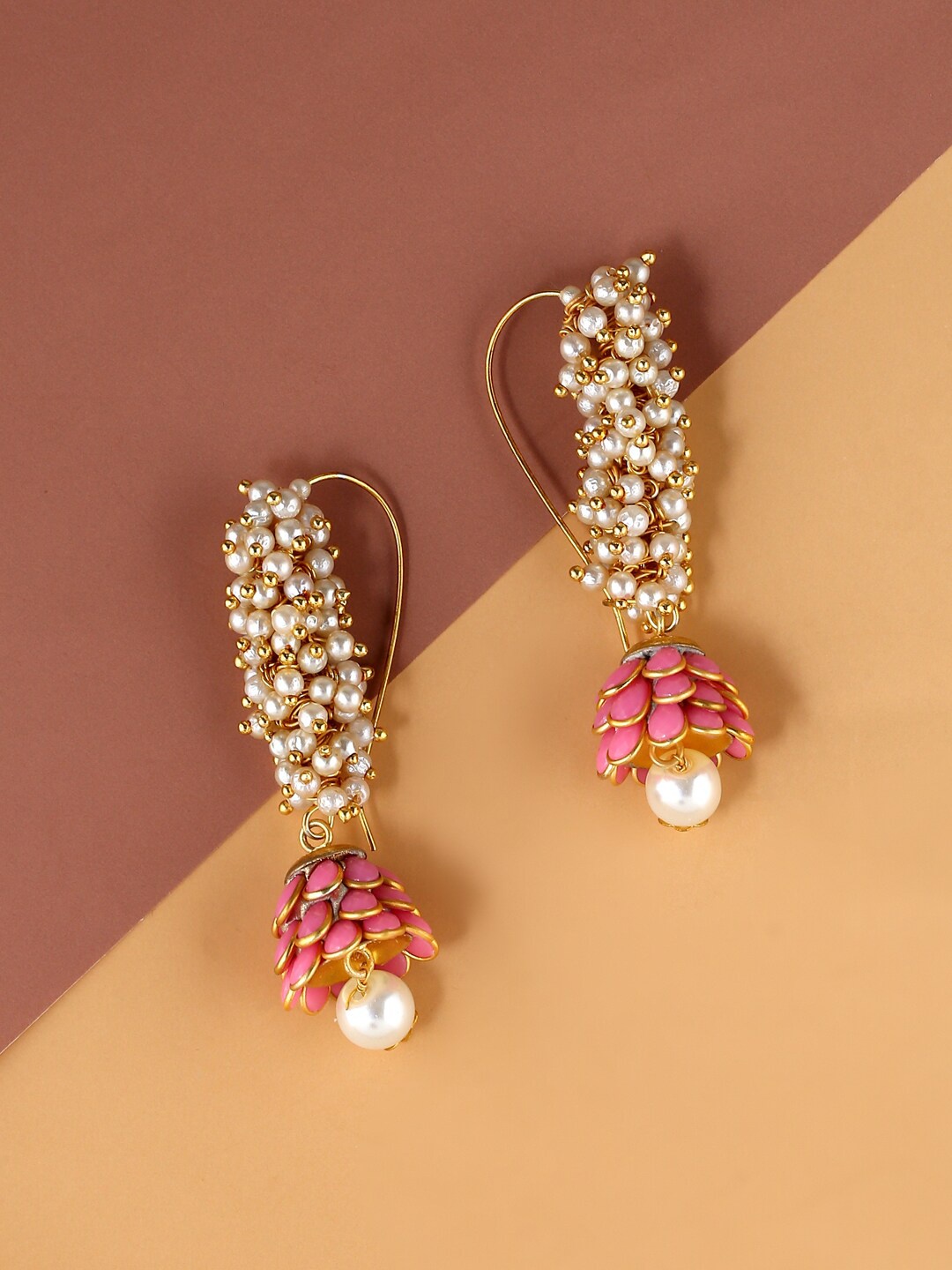 

CELEBRAVO Pearls Studded Brass-Plated Classic Jhumkas, Pink