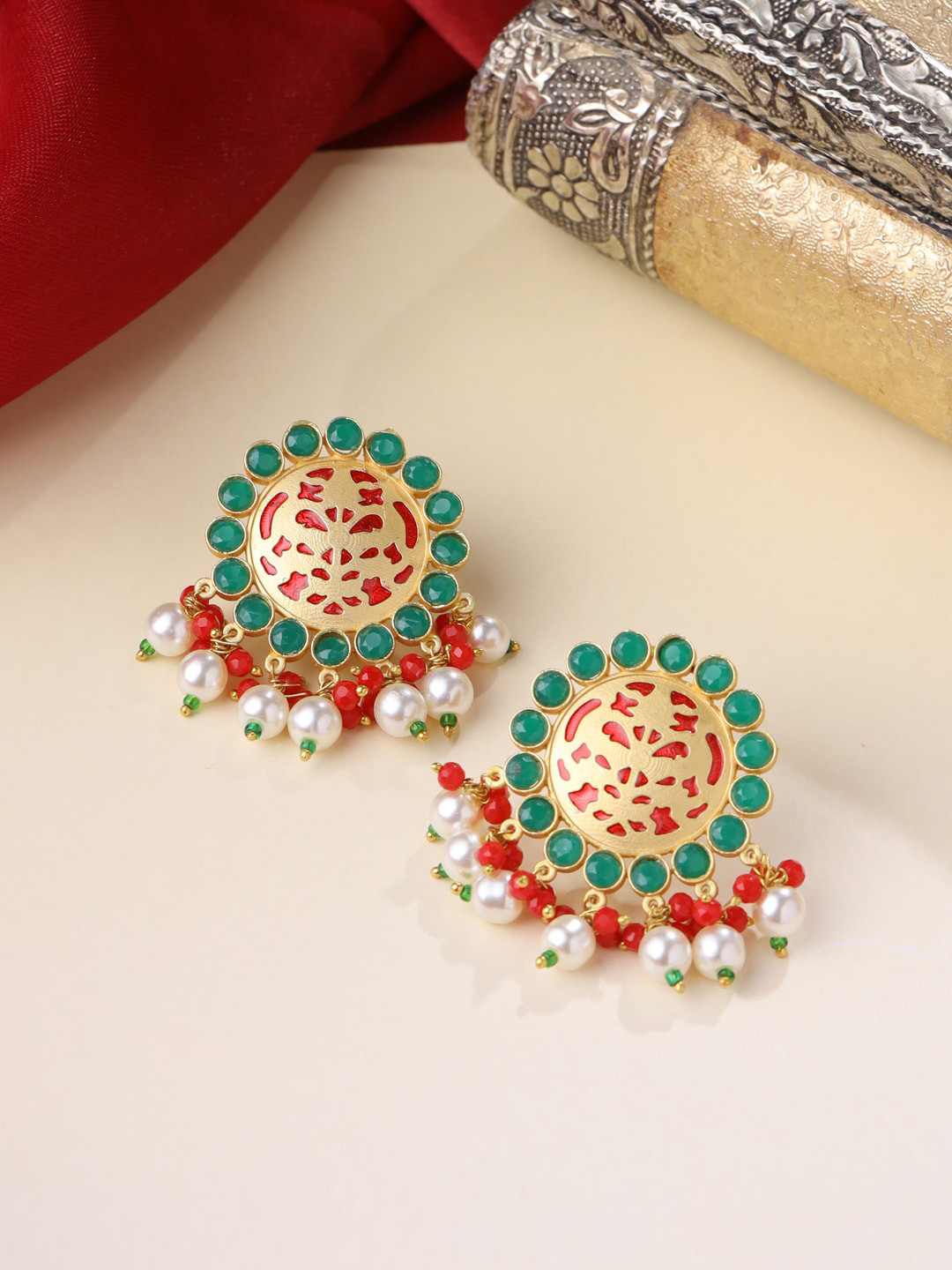 

CELEBRAVO Brass-Plated Artificial Stones And Beads-Studded Drop Earrings, Green