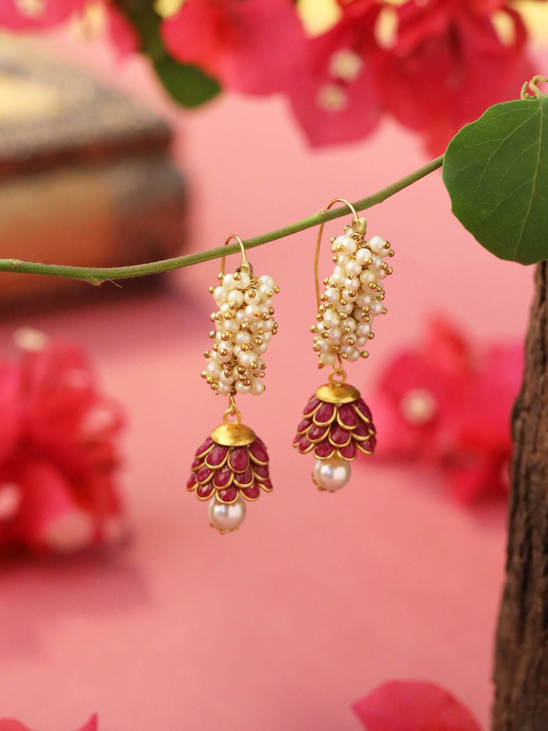 

CELEBRAVO Brass-Plated Artificial Beads-Beaded Classic Drop Earrings, Gold