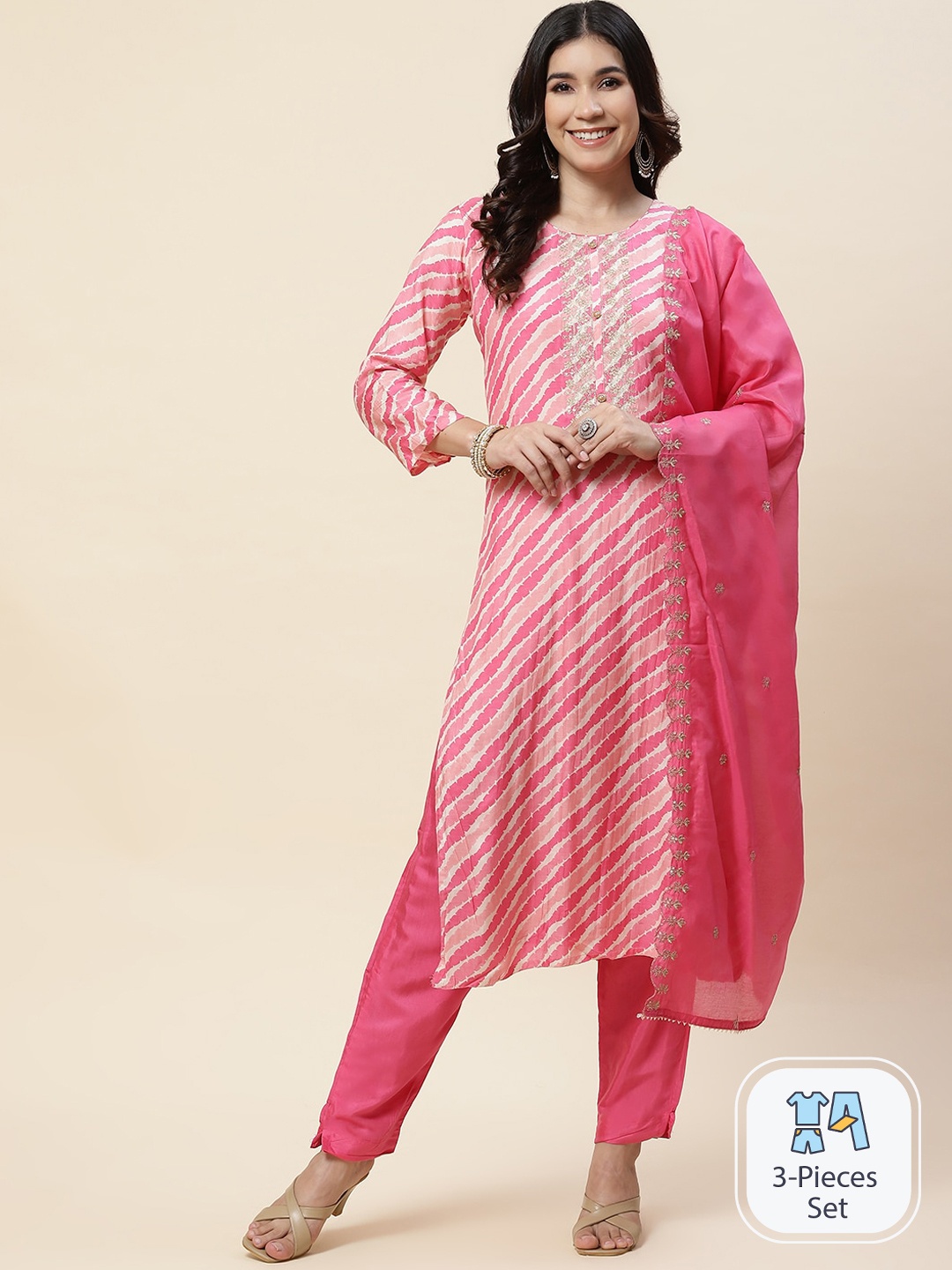 

Meena Bazaar Leheriya Printed Sequinned Kurta With Trousers & Dupatta, Pink