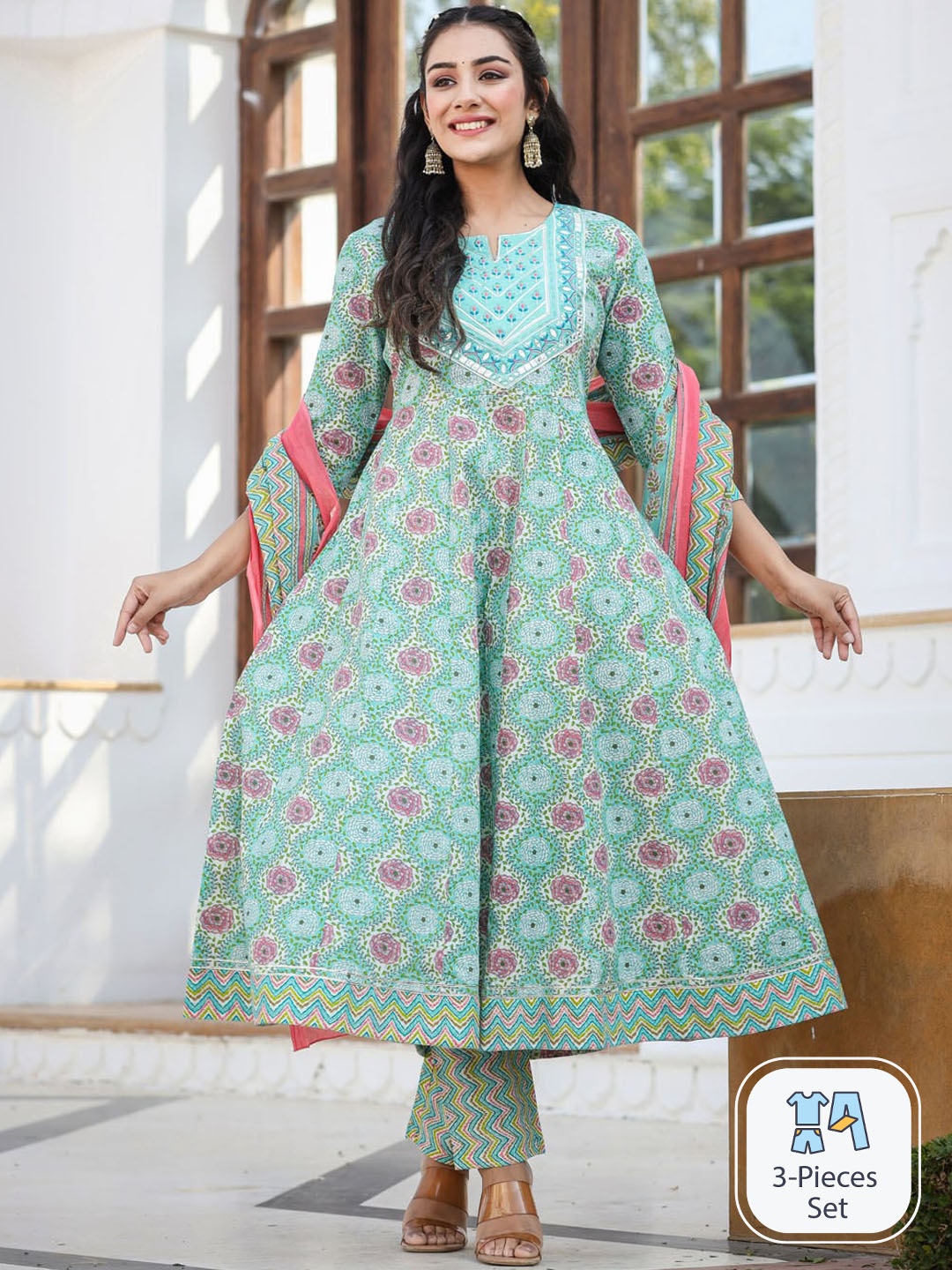 

Meena Bazaar Ethnic Motifs Embroidered Mirror Work Anarkali Kurta With Trousers & Dupatta, Sea green