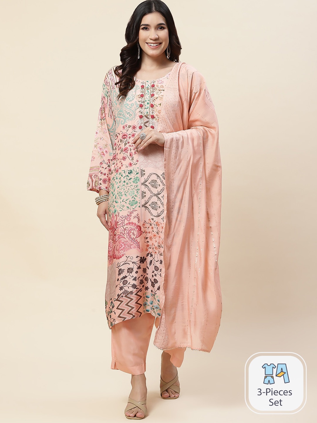 

Meena Bazaar Floral Printed Regular Gotta Patti Kurta With Trousers & Dupatta, Pink