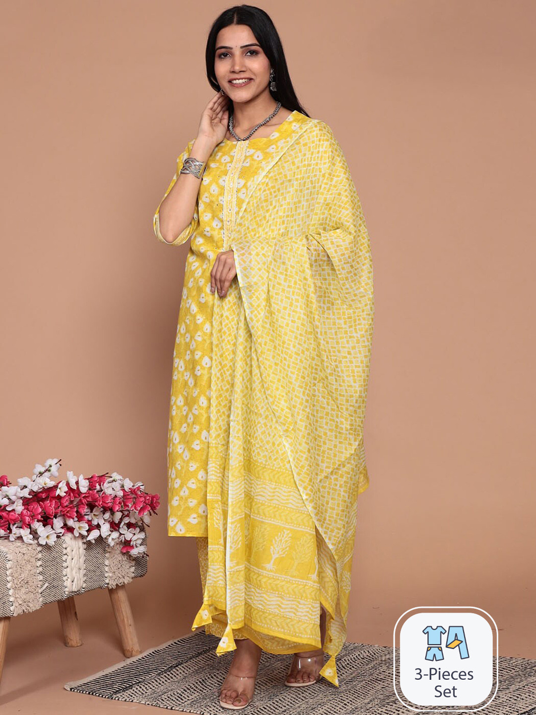 

Meena Bazaar Ethnic Motifs Printed Regular Gotta Patti Kurta With Trousers & Dupatta, Yellow