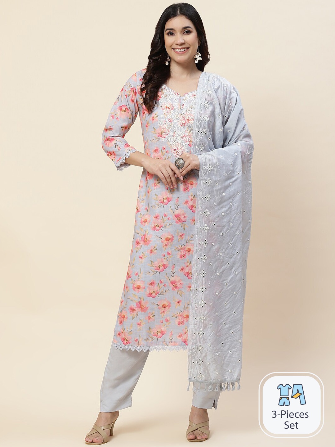 

Meena Bazaar Floral Printed Thread Work Kurta With Trousers & Dupatta, Grey