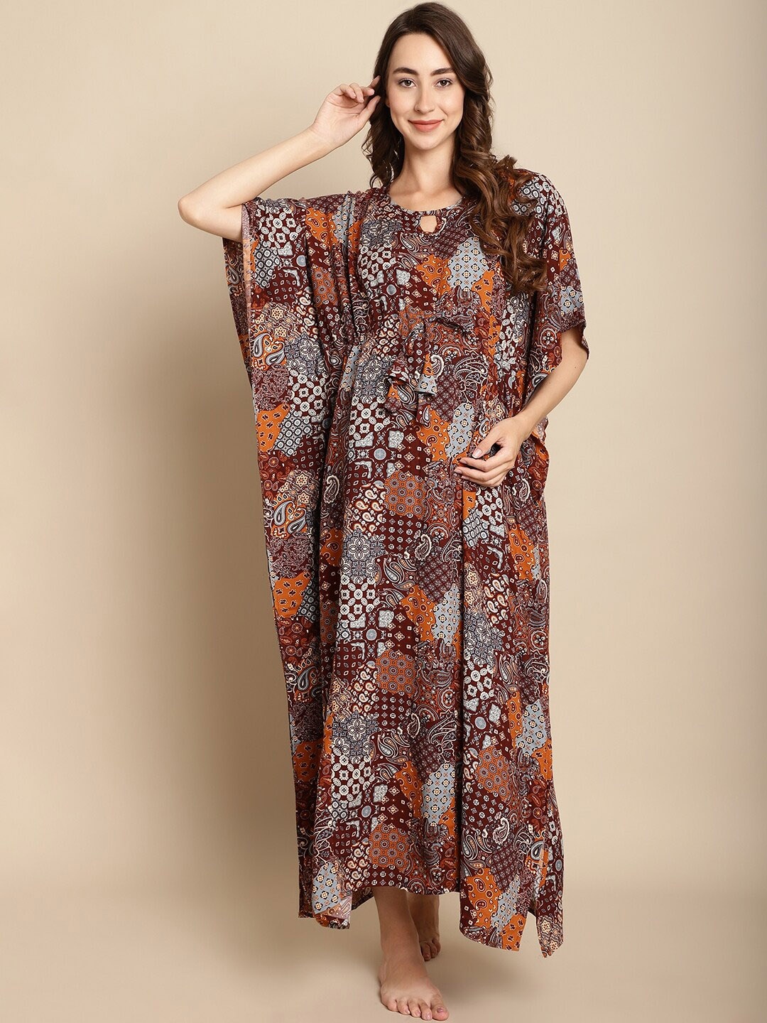 

Secret Wish Printed Maternity Maxi Kaftan Nightdress, Brown