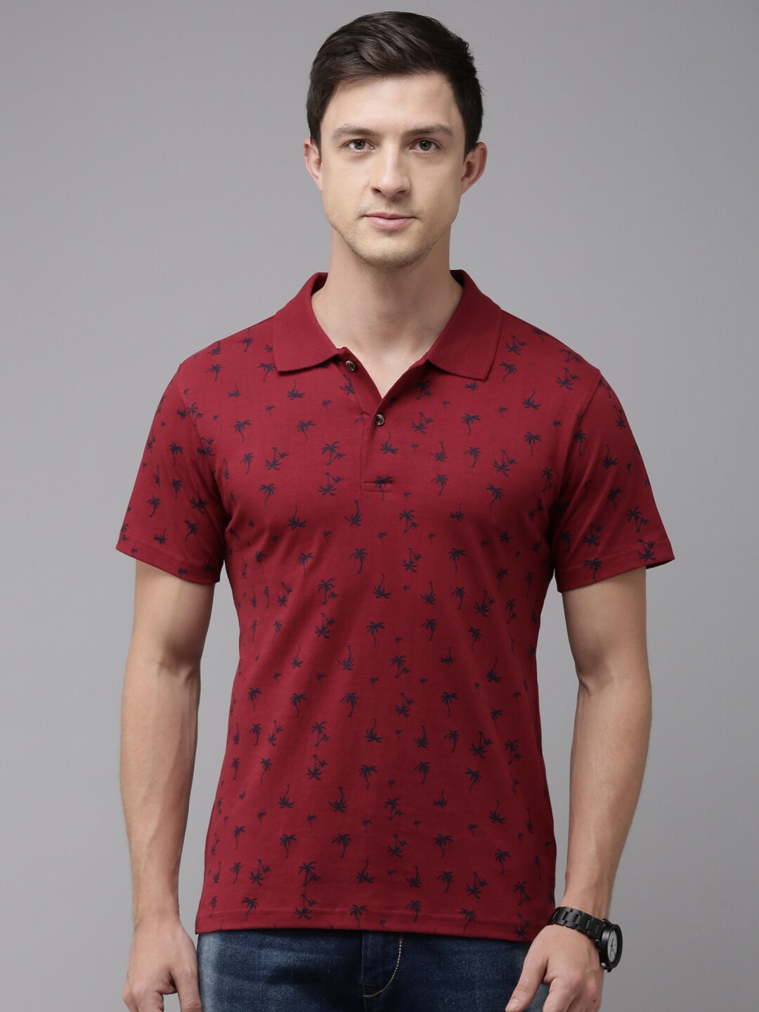 

Kryptic Tropical Printed Polo Collar Pure Cotton T-shirt, Maroon