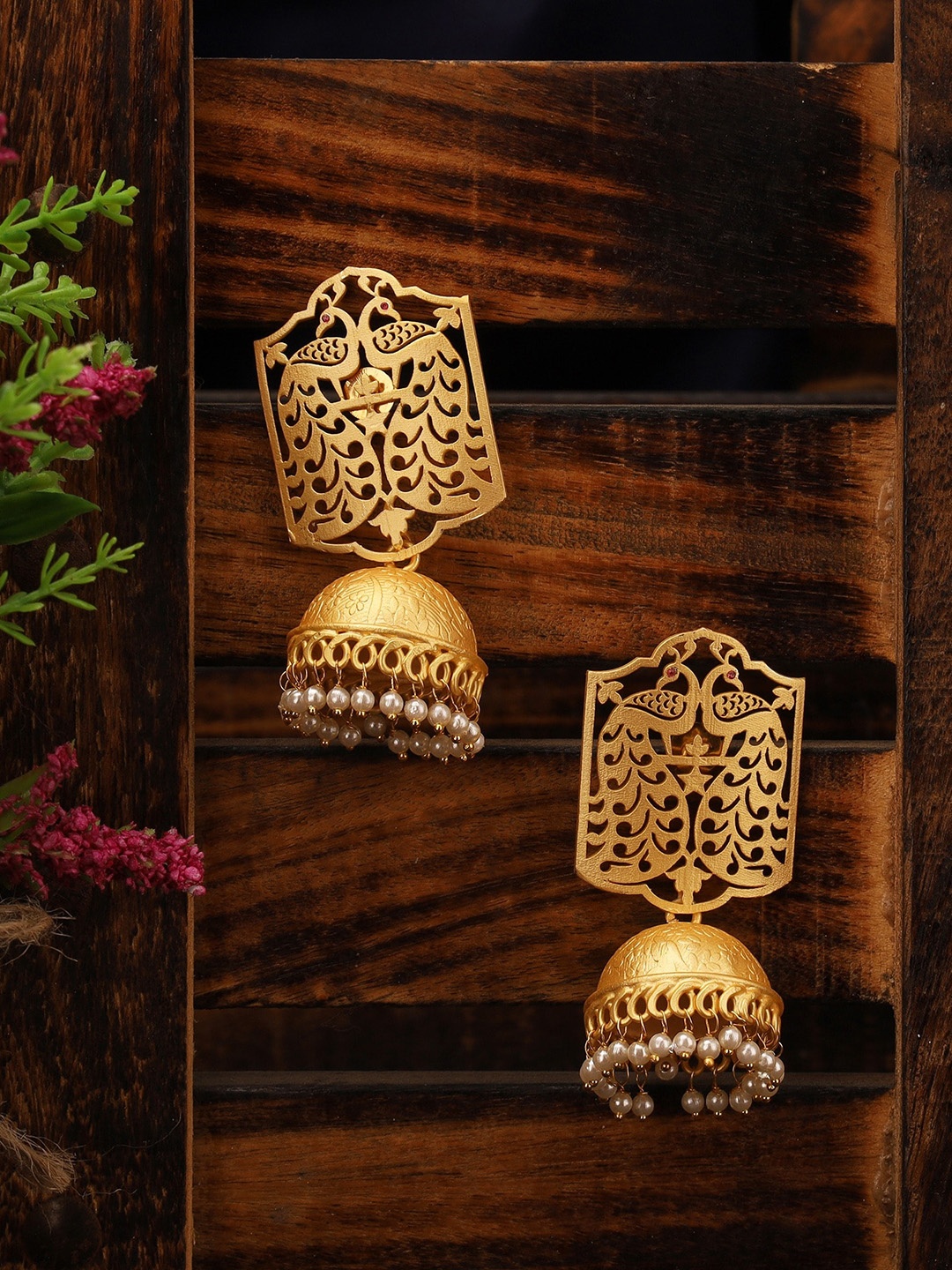 

CELEBRAVO Peacock Shaped Beaded Jhumkas, Gold